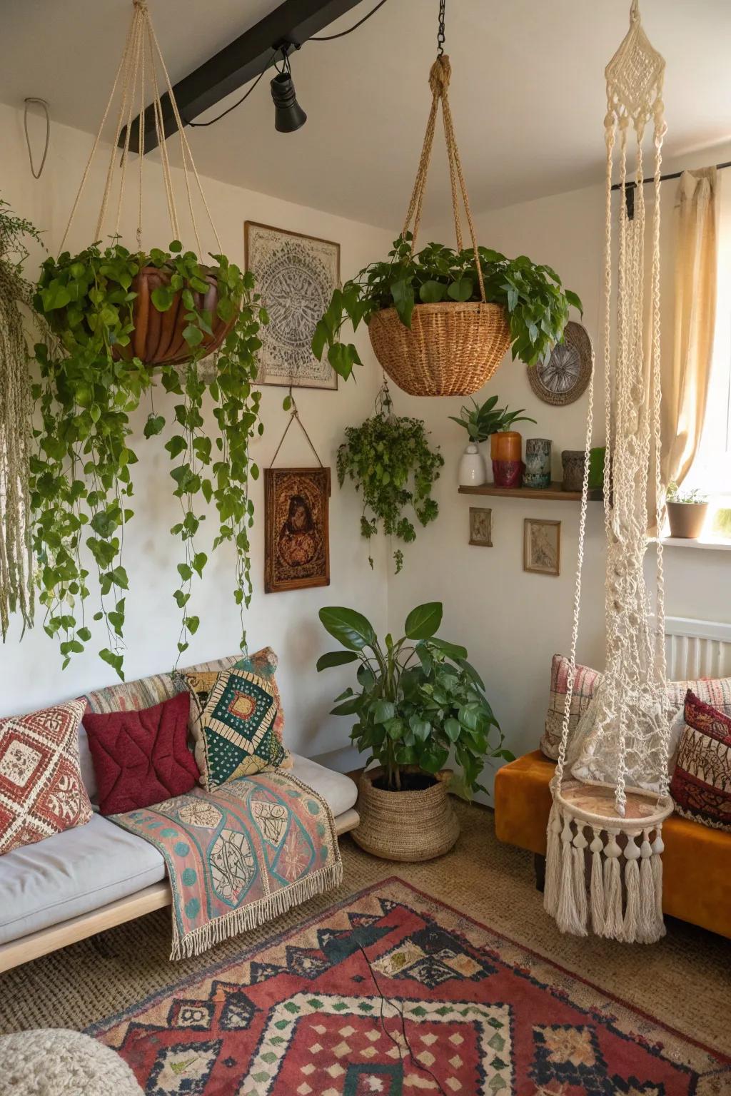 Hanging planters introduce vertical appeal and maximize space.