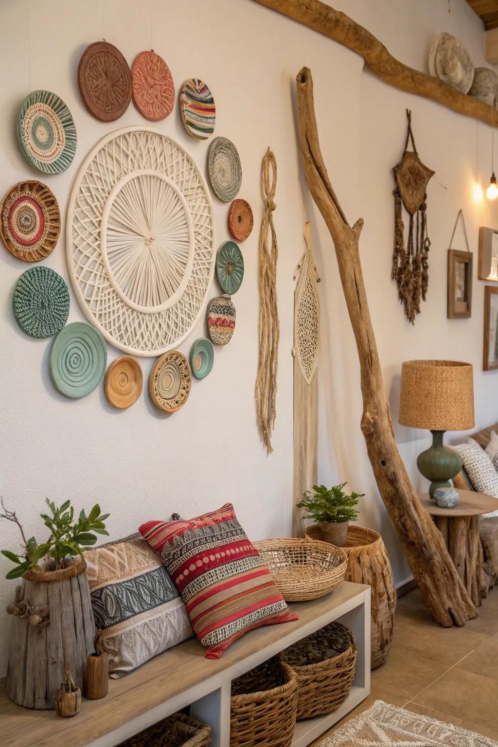 A boho wall featuring sculptural decor that adds an artistic dimension.