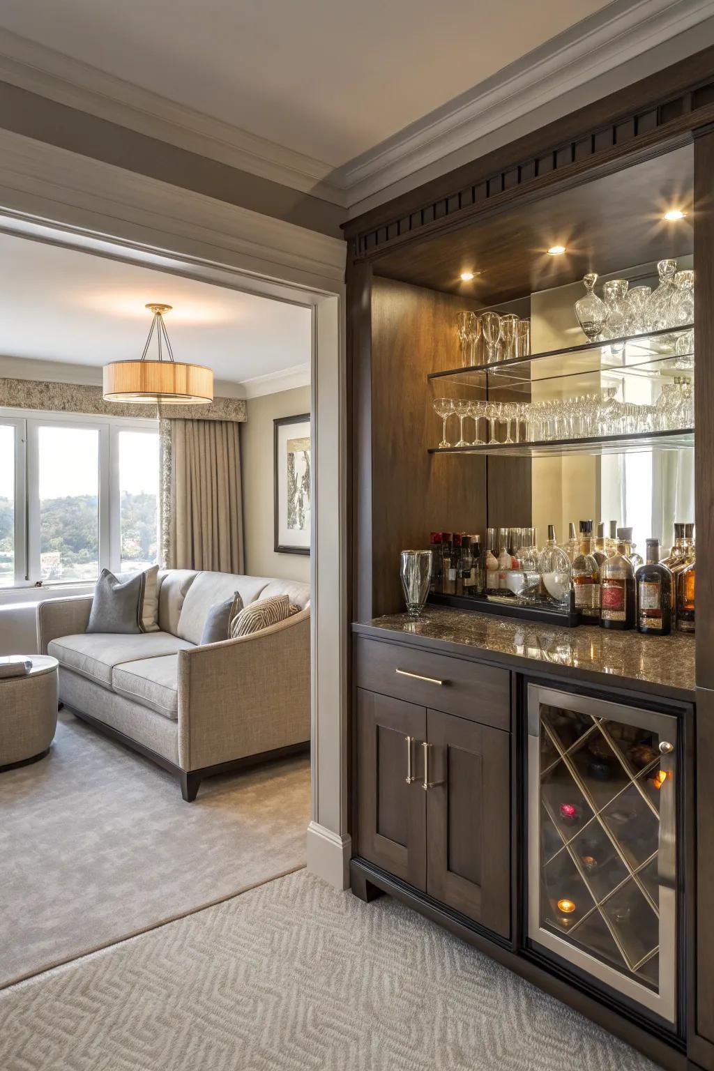 A mini bar adds luxury and convenience to your space.