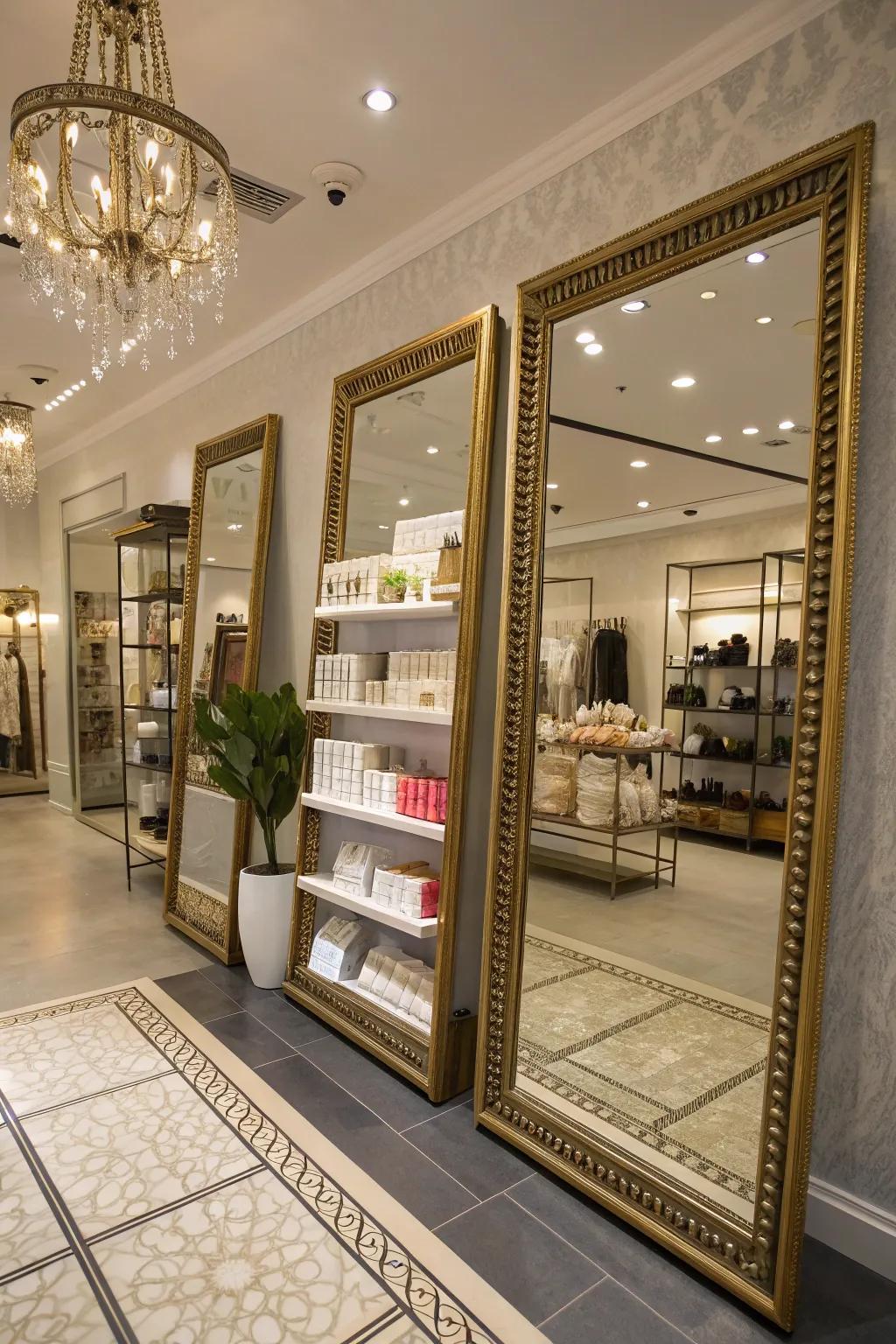 A boutique interior with deliberately positioned mirrors that amplify illumination and create the illusion of more space.