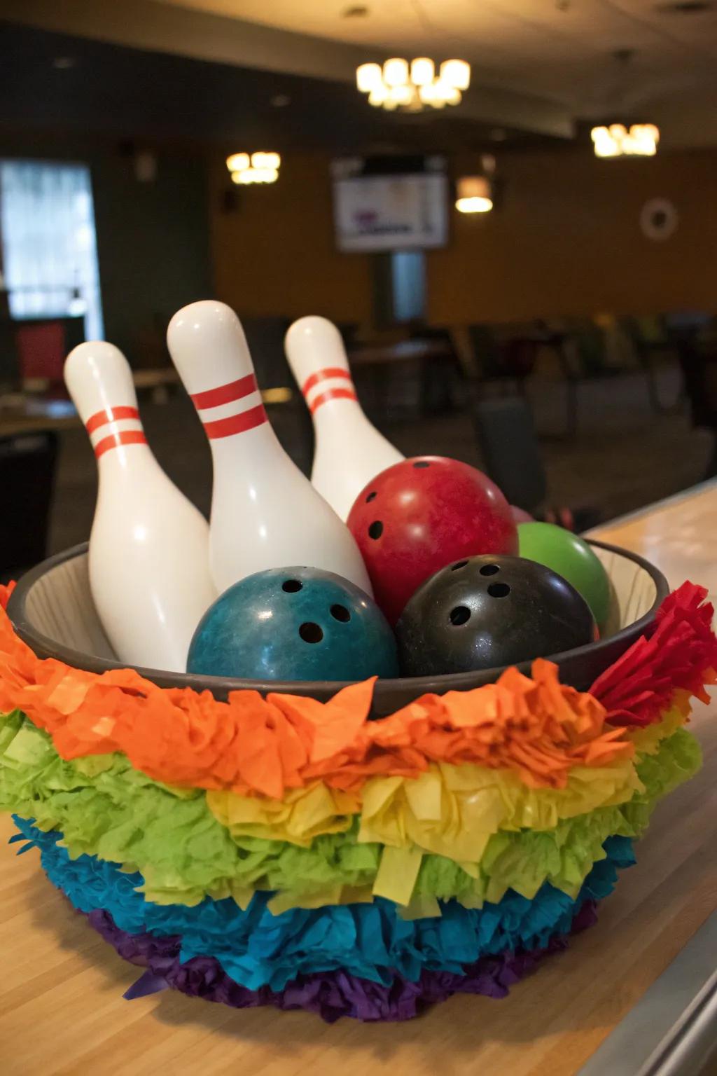 Vibrant tissue paper contributes a burst of color to your bowling centerpiece.