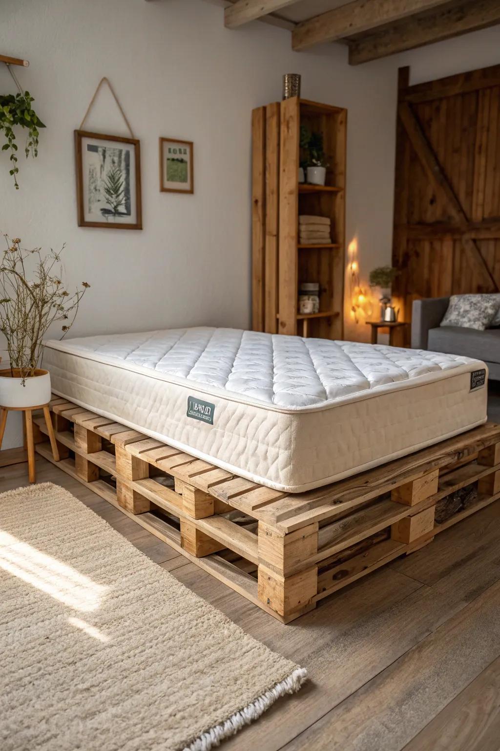 A pallet foundation exudes rustic charm.