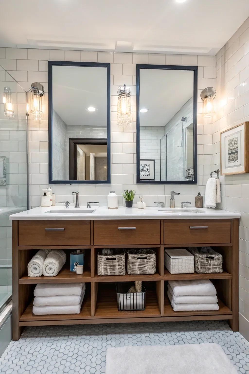 A custom vanity using open storage is both stylish and functional.