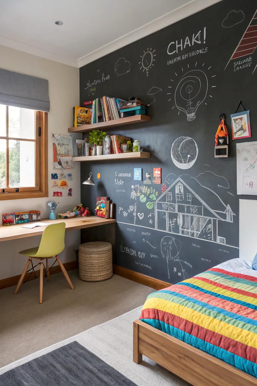 A writing board wall inspires creativity and fun.