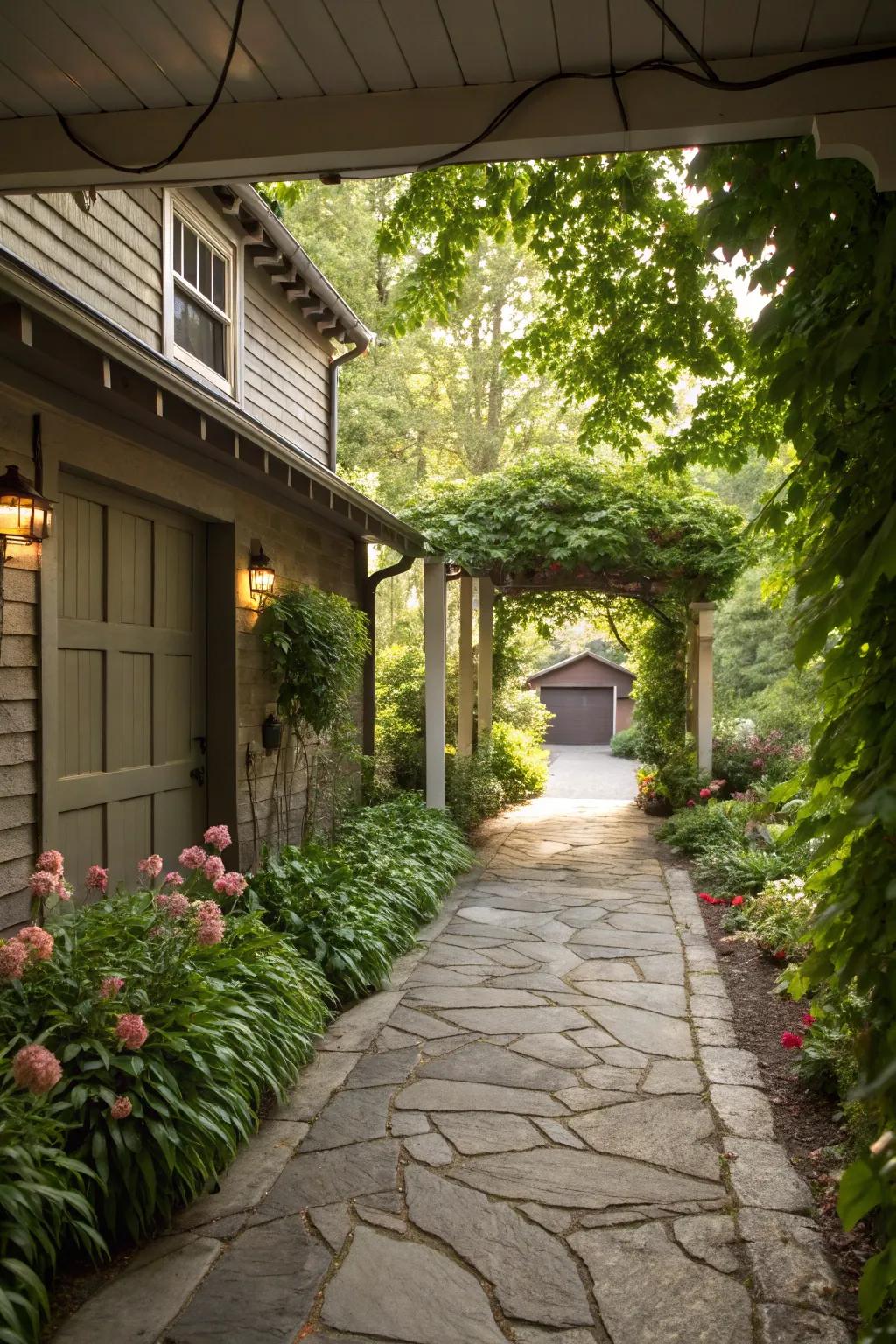 A rustic stone pathway breezeway that provides an inviting and natural feel.