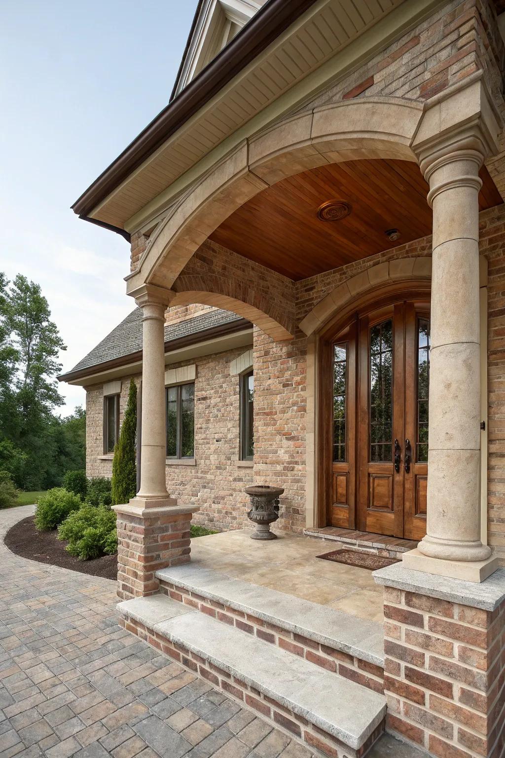 Brick and stone blend together to design a porch that exudes timeless elegance.