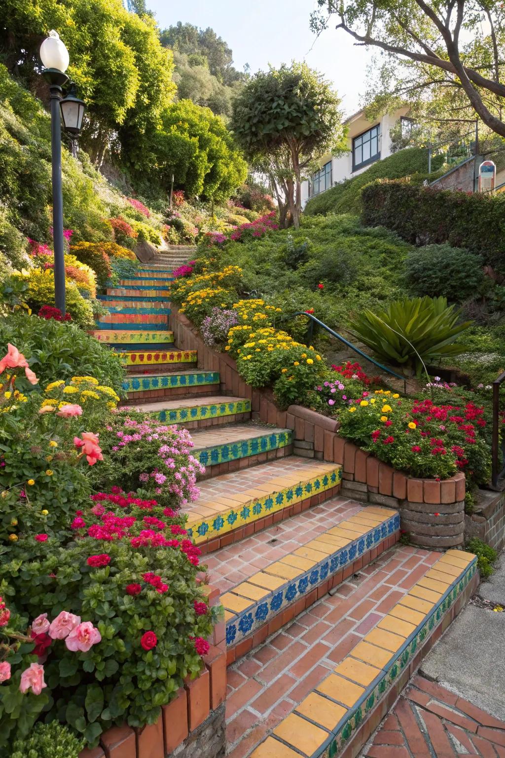 Vibrant brick steps incorporating hue to a garden route.