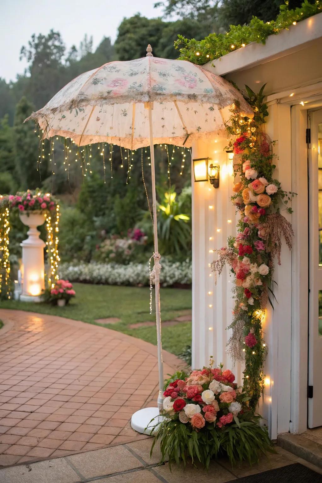 A delightful cultivated canopy embellished with blooms and illumination welcomes visitors with a captivating vibe.