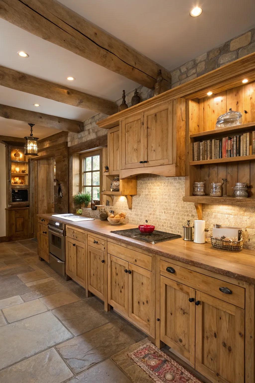 Unprocessed lumber grains extend a snug, homespun charm.
