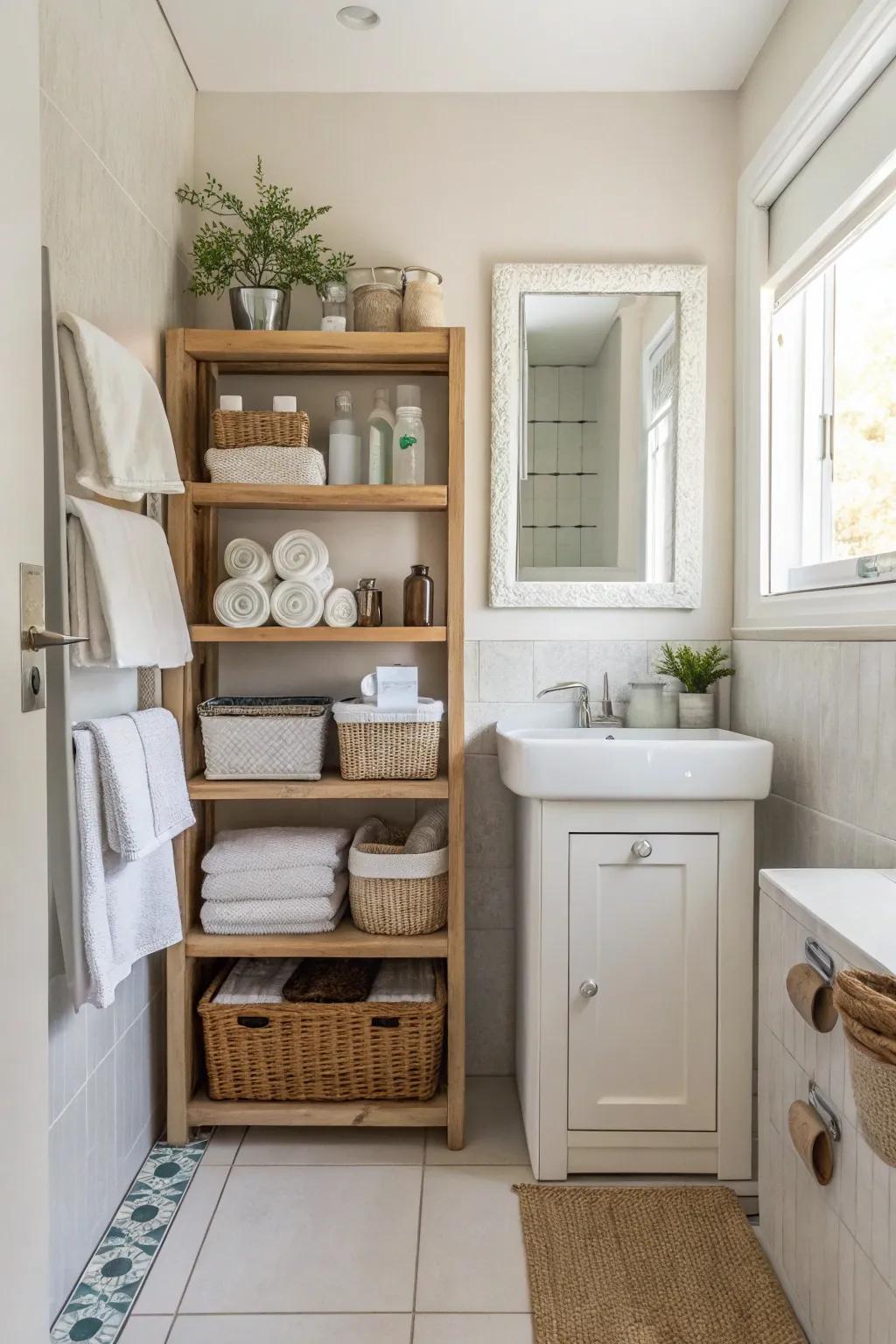Open shelves add easily accessible storage in limited bathroom spaces.
