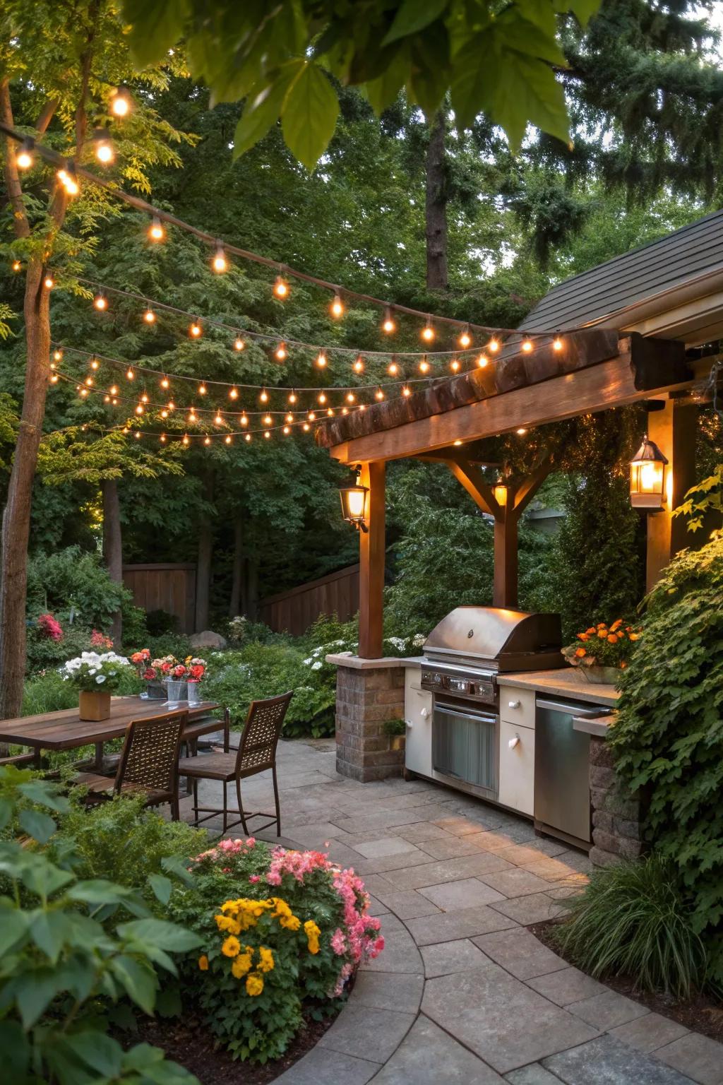Specialized lighting transforms your BBQ area for night use.