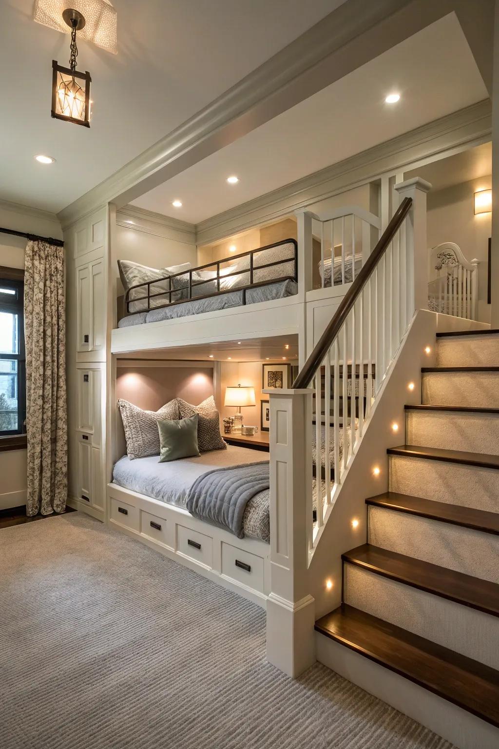 An elegant stairway delivers stylish and secure access to upper levels.