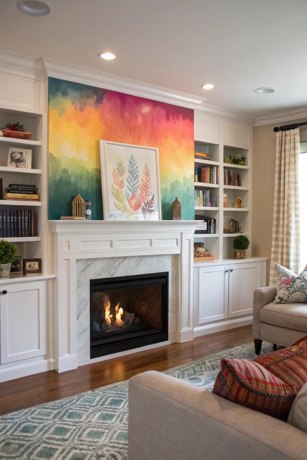 A bold splash of color invigorates the fireplace's built-in design.
