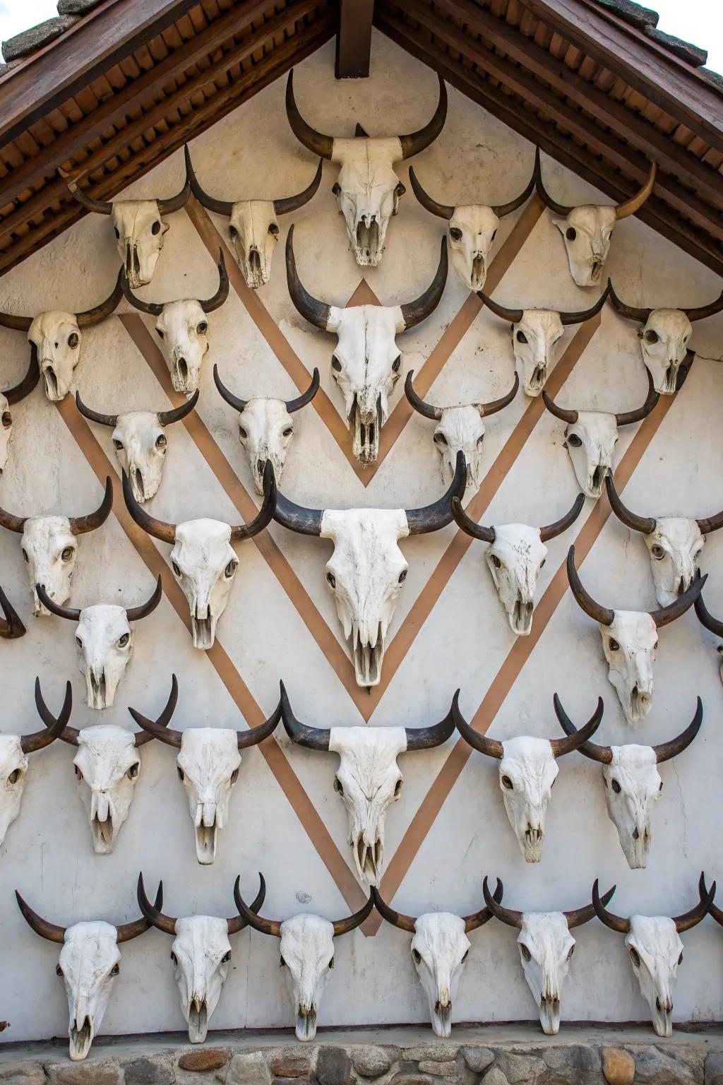Geometric arrangement of bull skulls for visual impact.