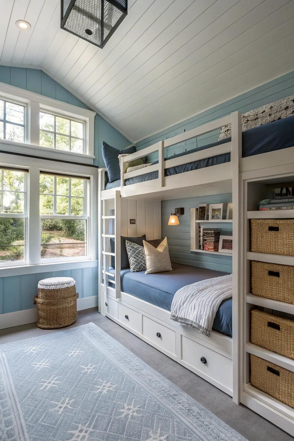 Creative application of garage space as a fashionable bunk room.