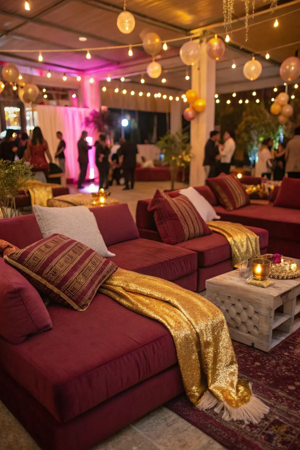 Cozy relaxation areas with claret and gold accents welcome guests to unwind.