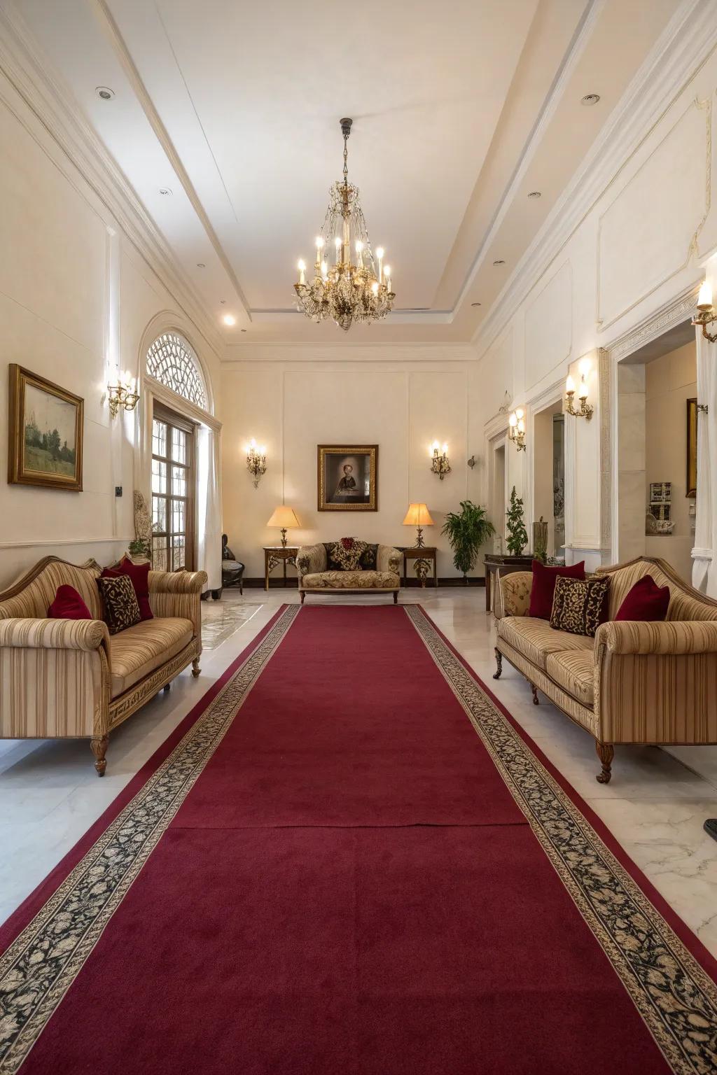 Symmetry enhances the regal sensation of a deep red floor covering in a lounge.