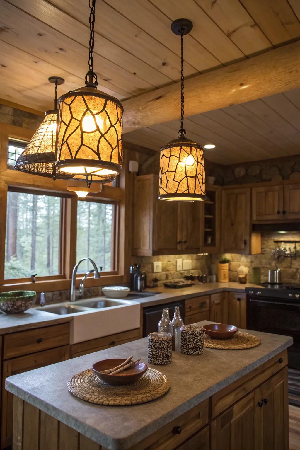 Unique lighting fixtures introduce character to a cabin cooking space.