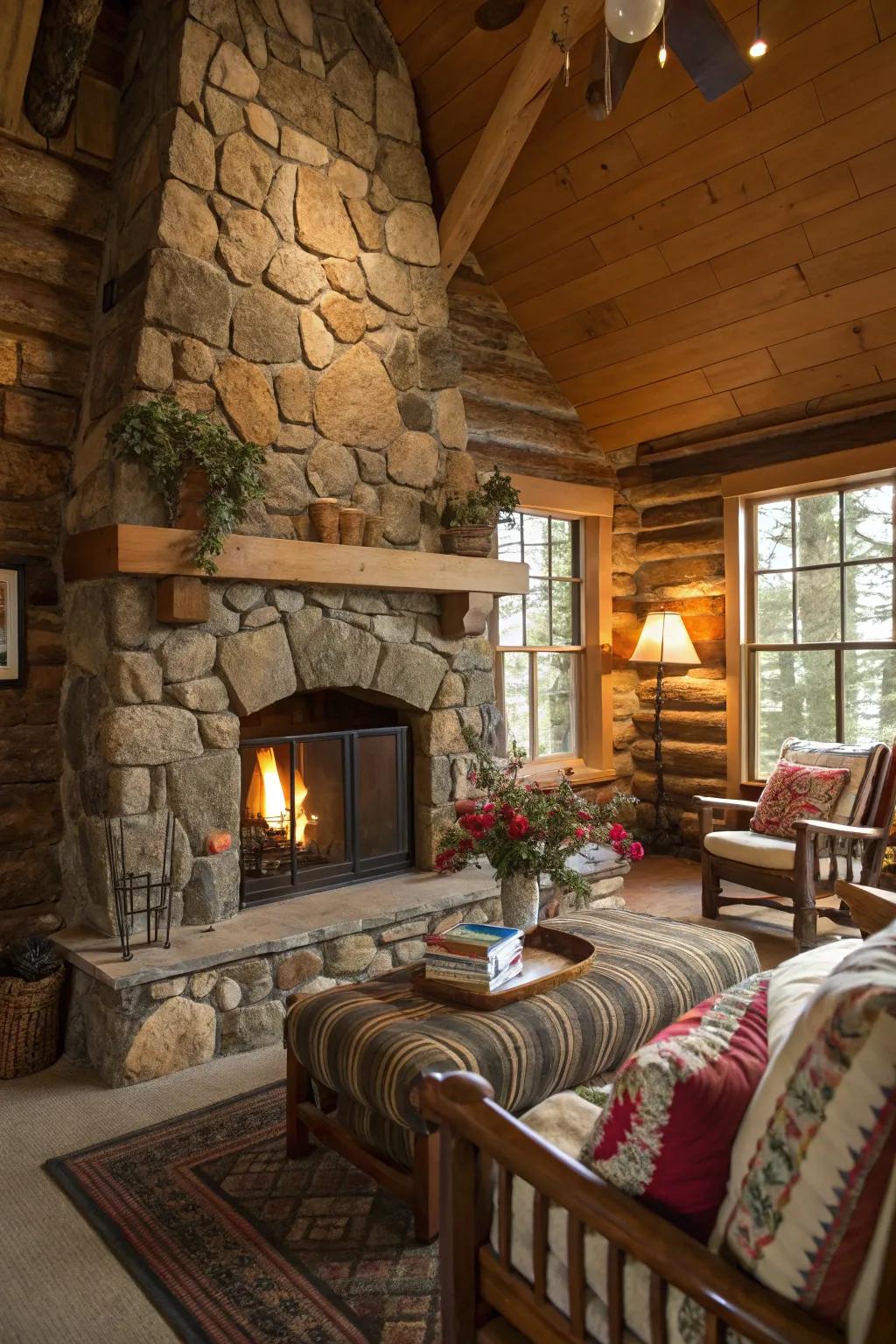 Organic stone details add texture and earthiness to the cabin.