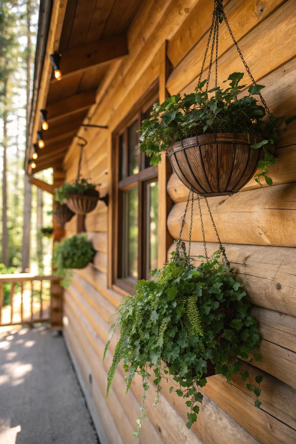 Hanging planters introducing greenery and vitality to cabin walls.