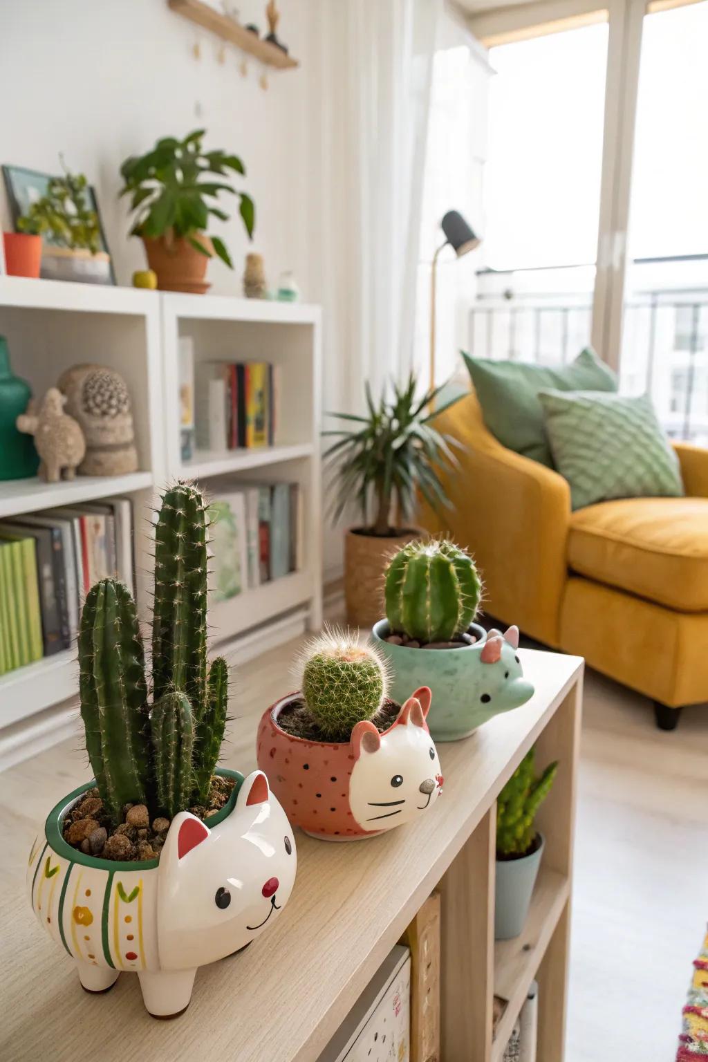 Baked clay creature planters contribute a playful accent to your cactus selection.