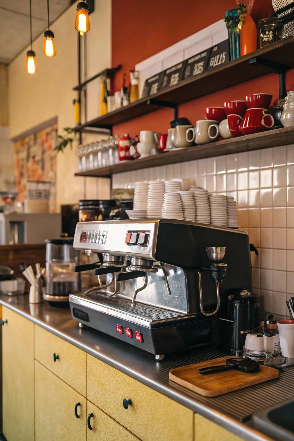 A dedicated beverage station inside a cafe kitchen catering to coffee aficionados.