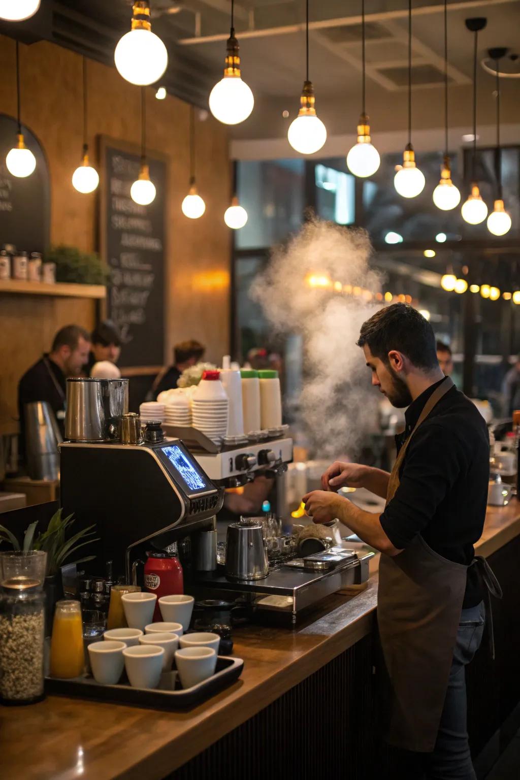 A cafe barista station featuring effective task lighting for enhanced productivity.