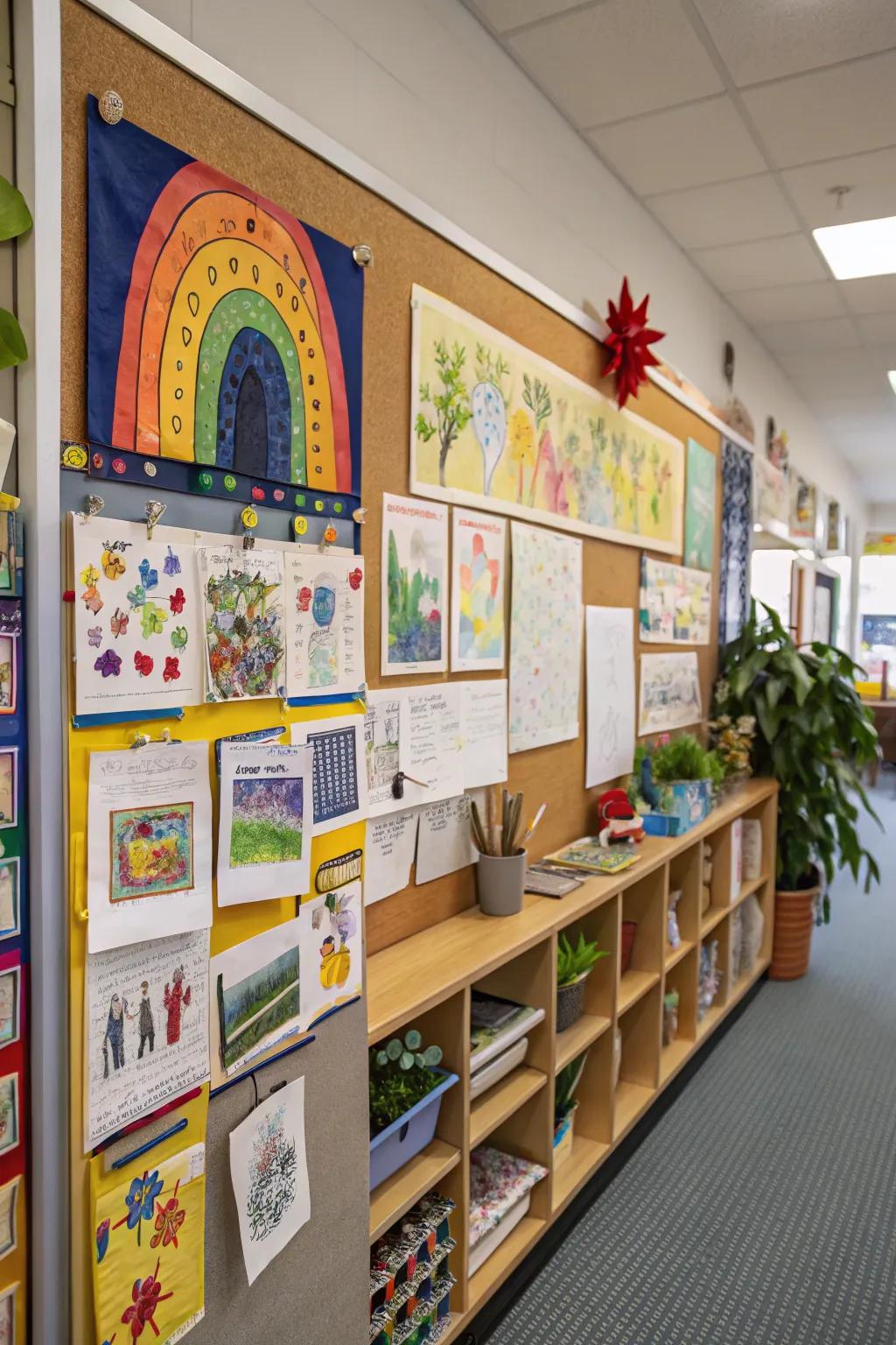 An art corner board showcasing student creativity.