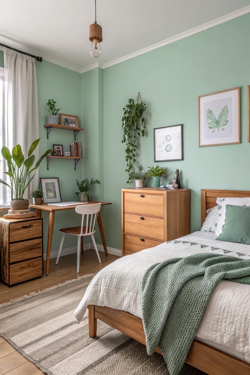 Mint green walls give a crisp and unadulterated feel.