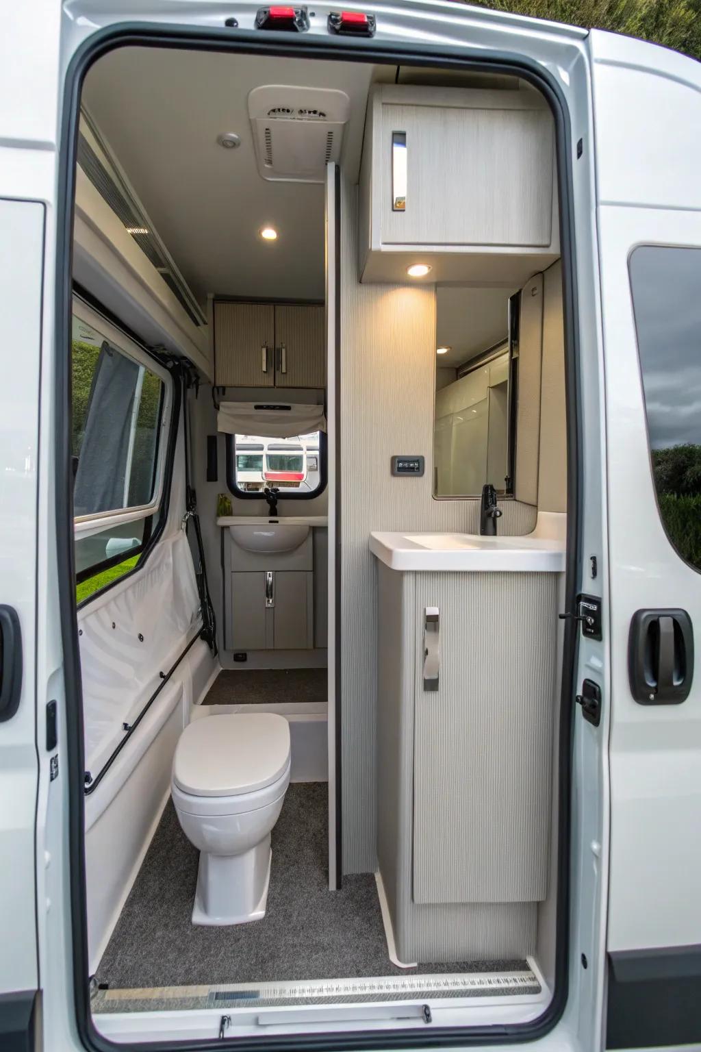 Mirrored surfaces in a mobile home washroom enhancing spaciousness.