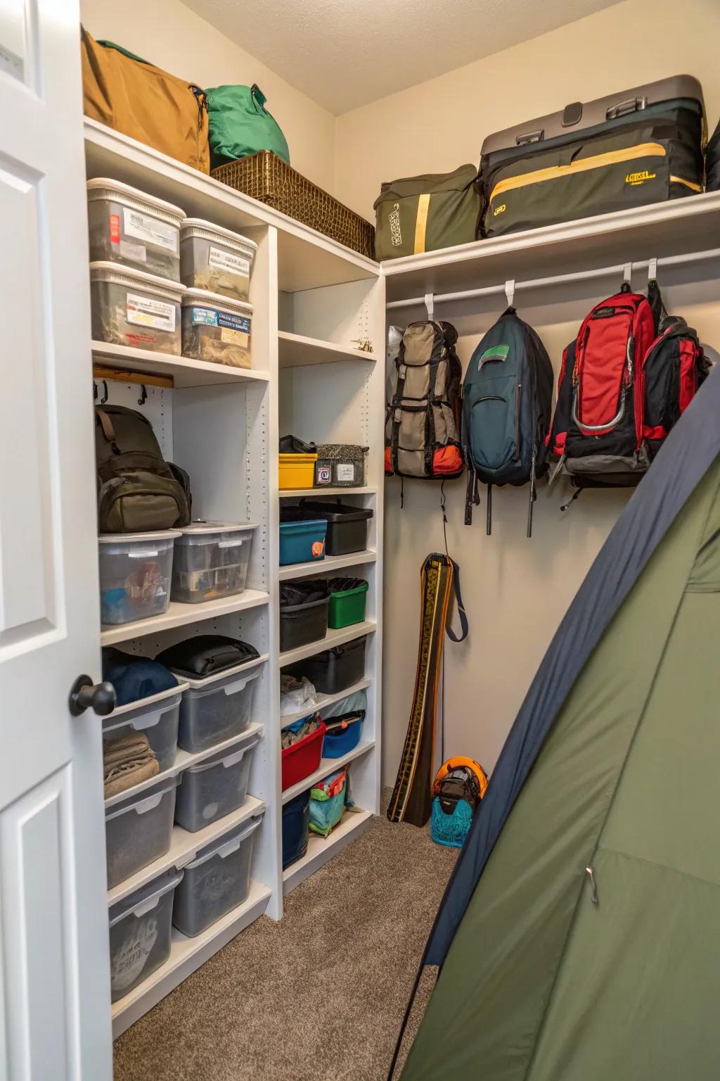 A specialized gear closet keeps camping equipment organized and centralized.