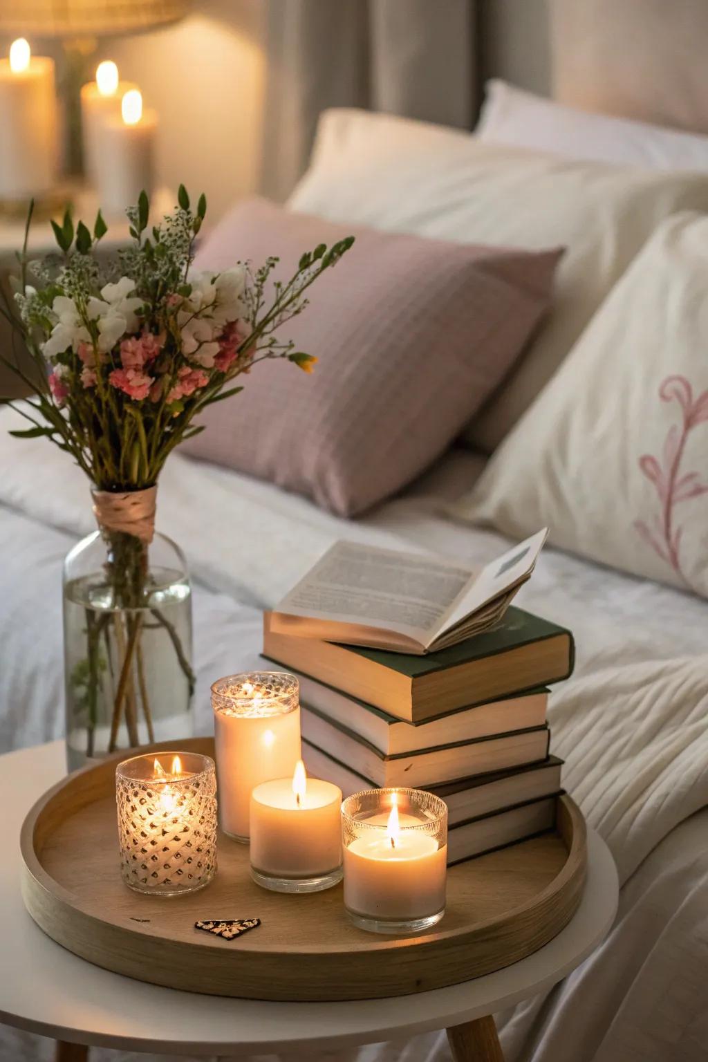 Votive candles offer a calming radiance to the bedside.