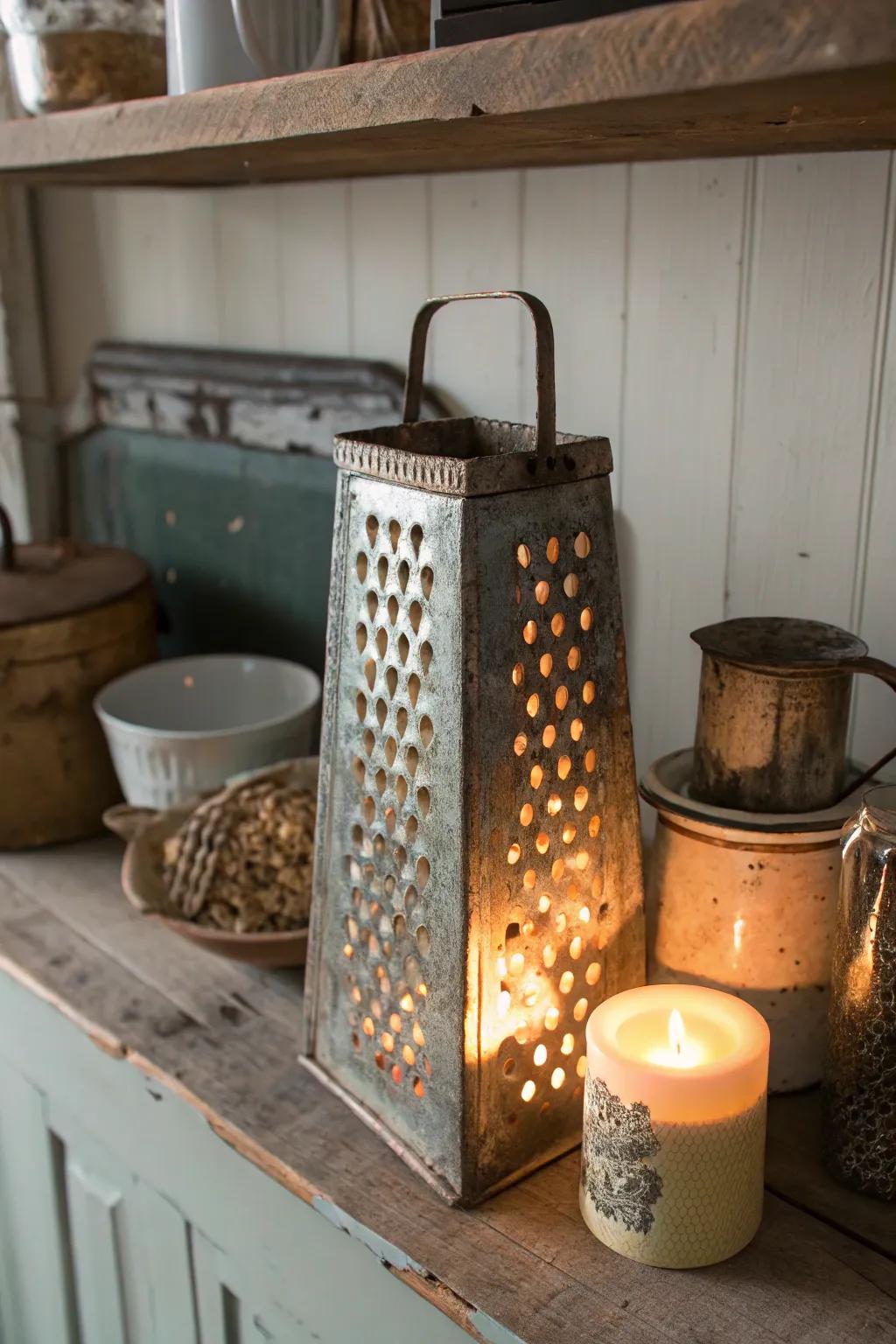 Countryside charm with antique shredder candle covers.