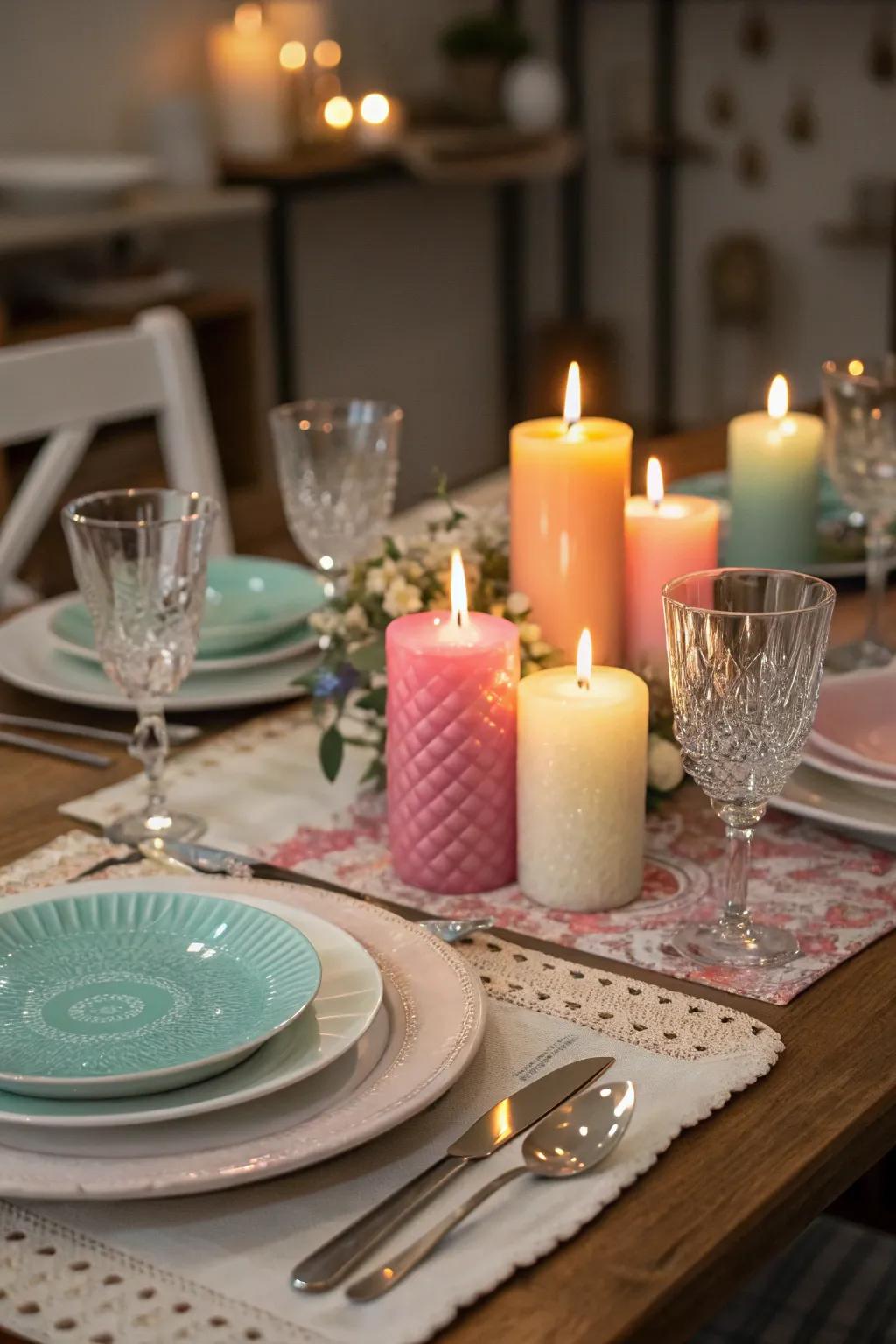 Candles carefully selected by color to complement the table's decor.