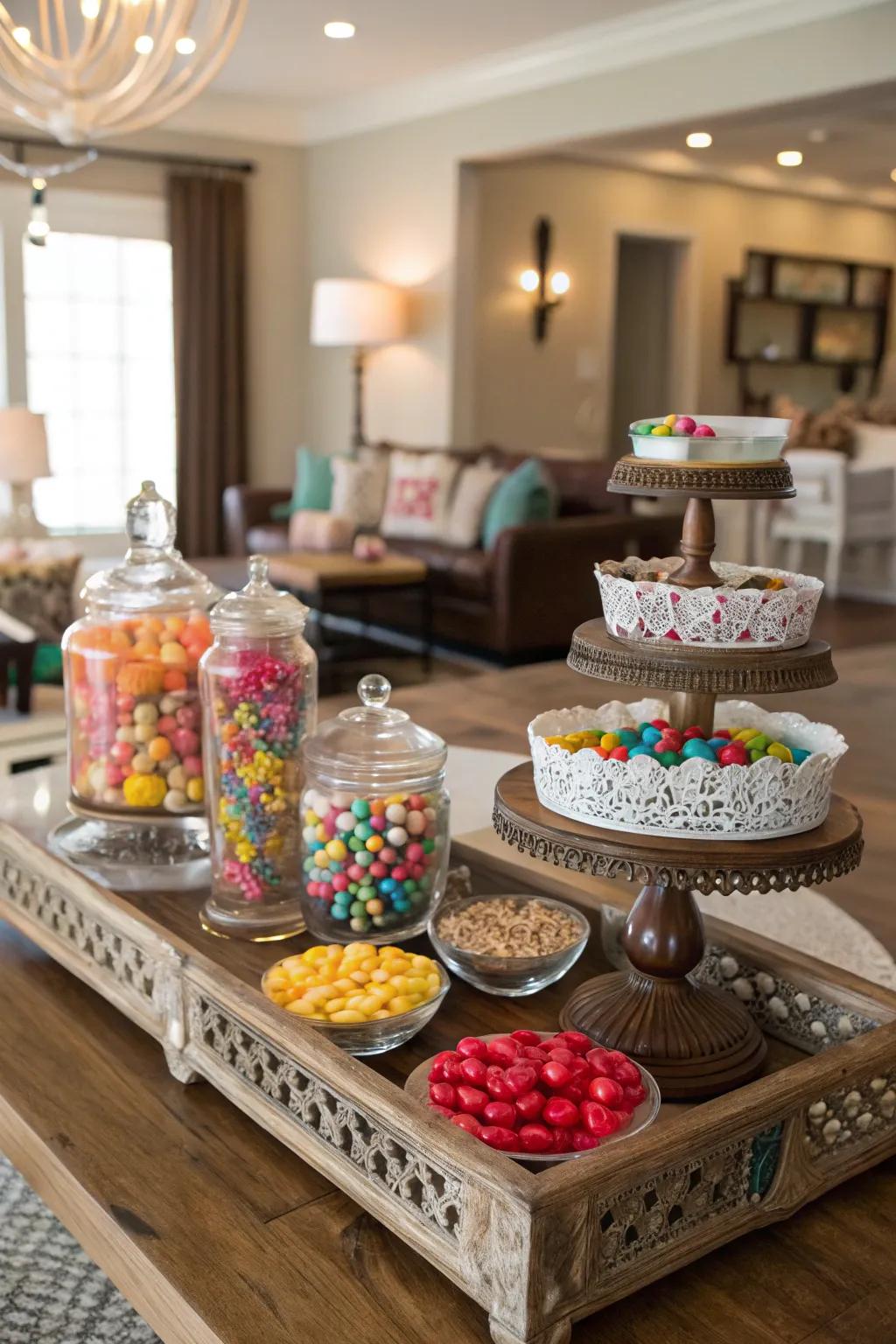 Upcycled pots and trays adding character to the candy station