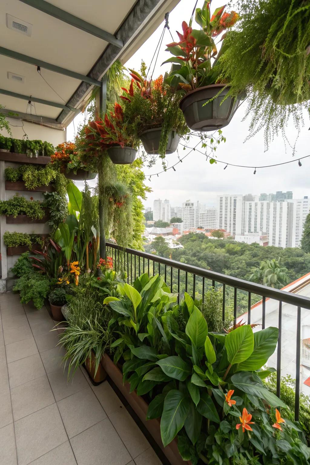 A mini-jungle of ginger blossoms and lush plants thriving on a balcony.
