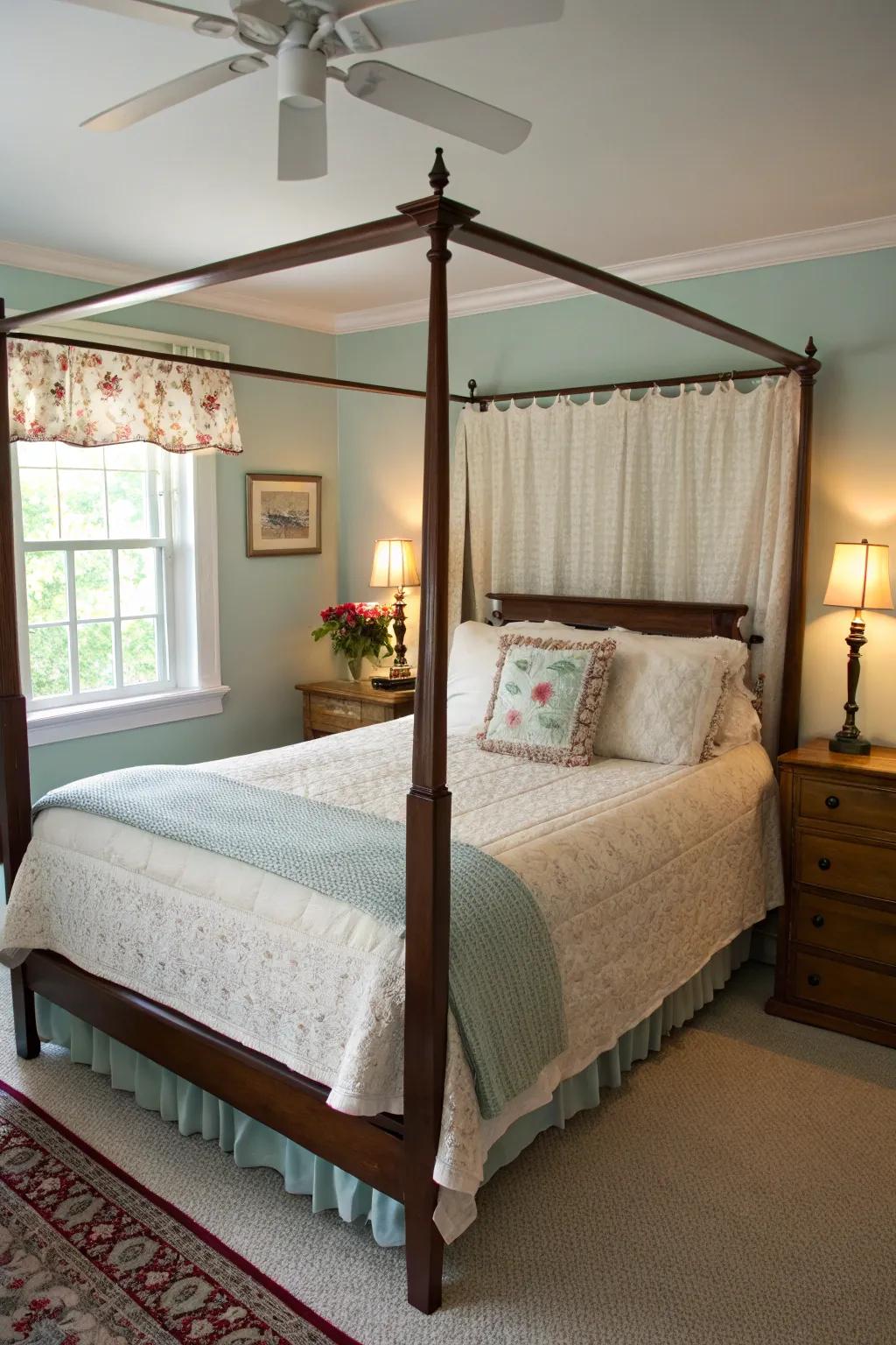 A half tester four-poster offers elegance without dominating the space.