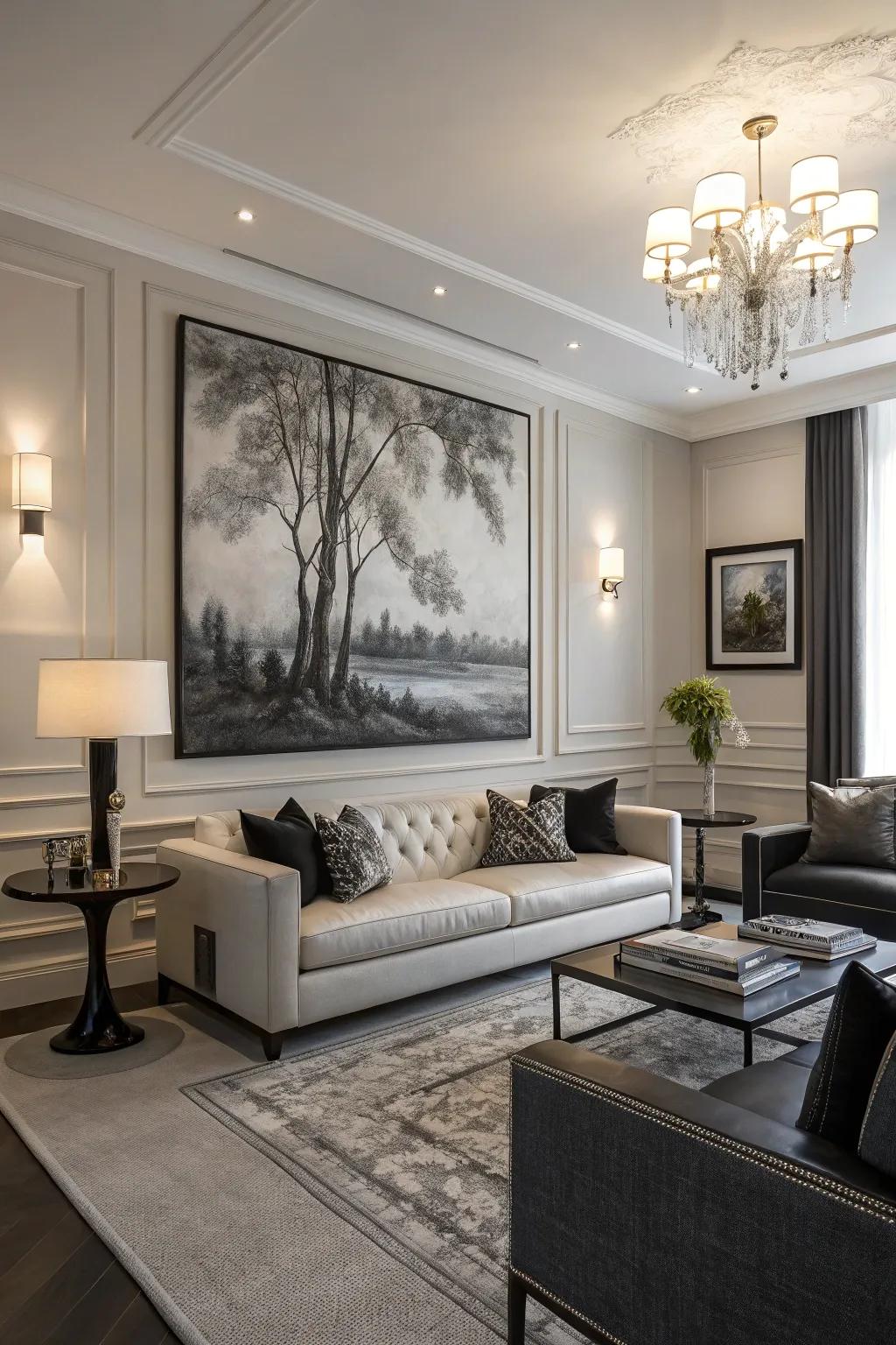 Monochrome artwork exudes classic elegance.