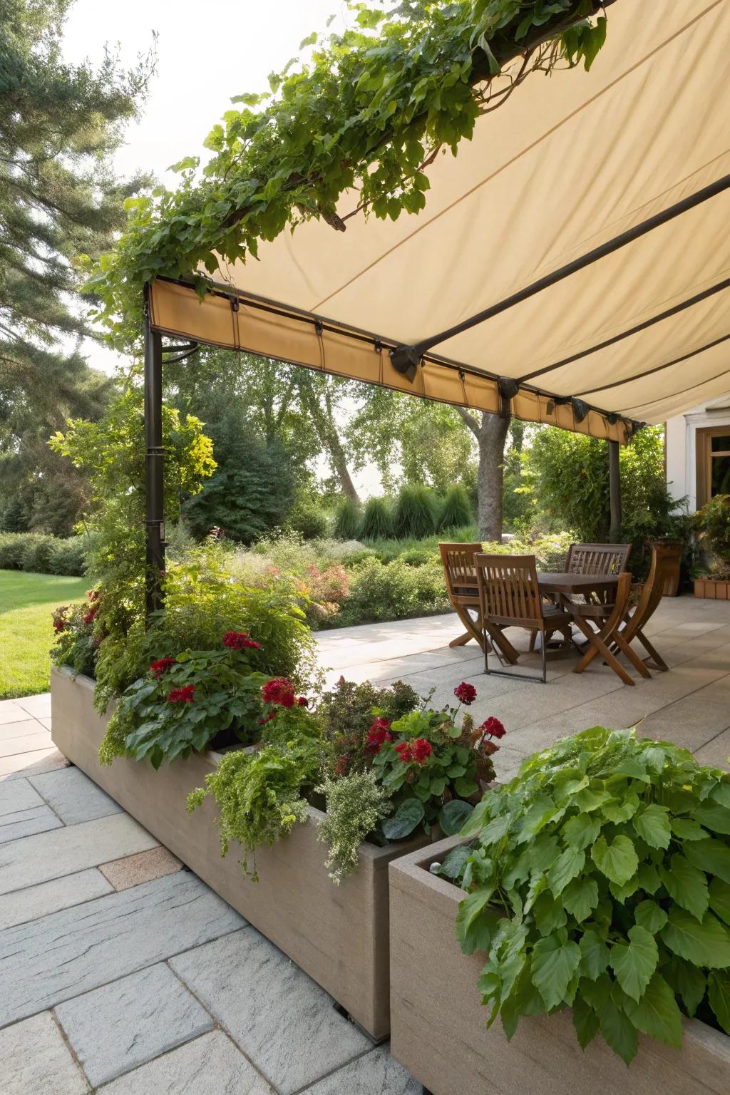 Built-in planters turn fabric canopies into verdant retreats.