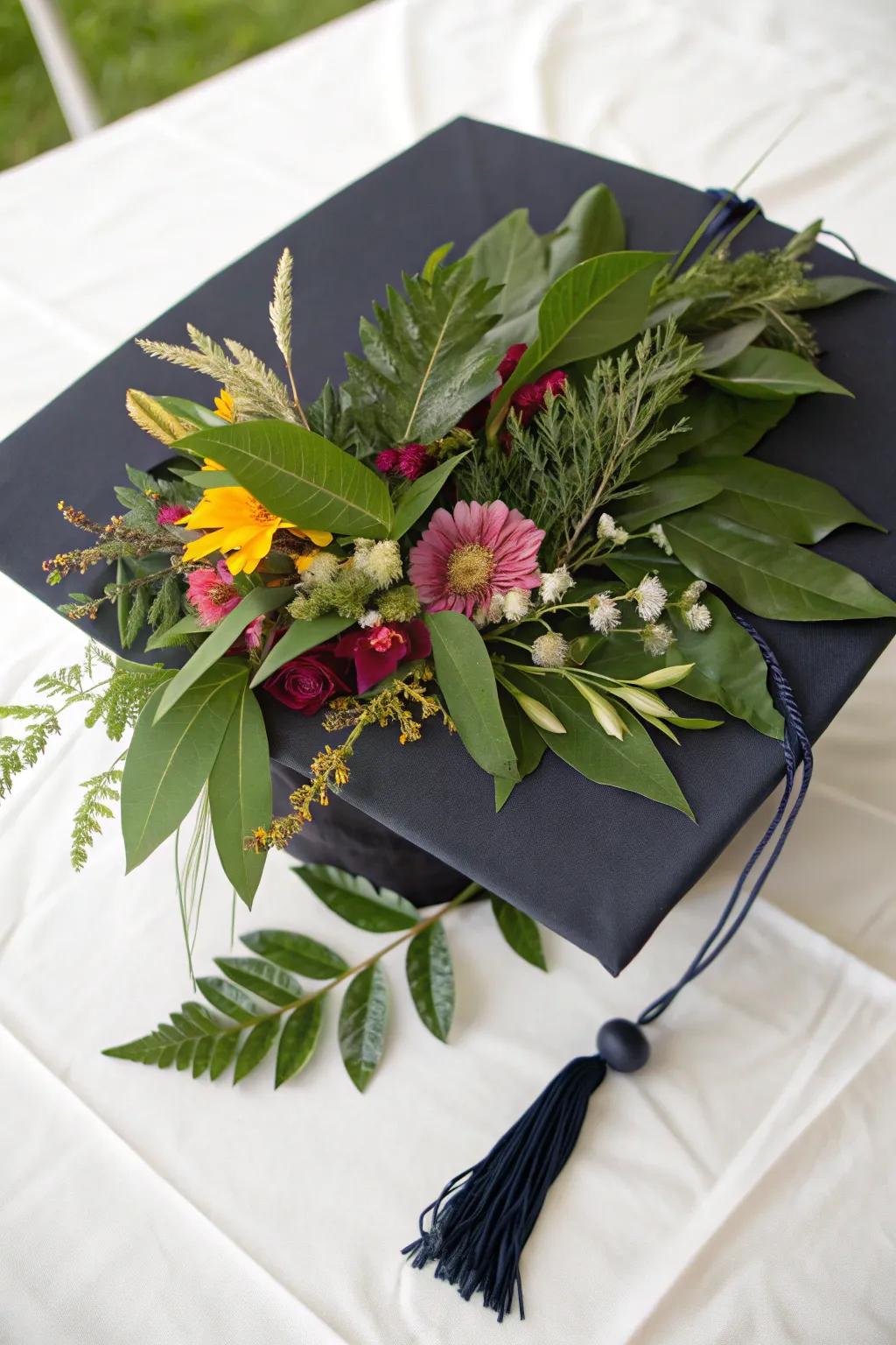 A graduation cap with nature-inspired elements for an earthy vibe.
