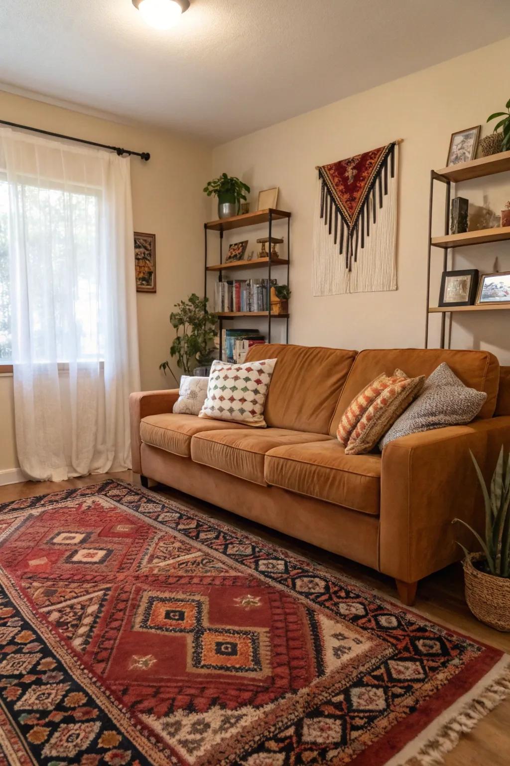 A statement floor covering anchors the space around a butterscotch sofa.