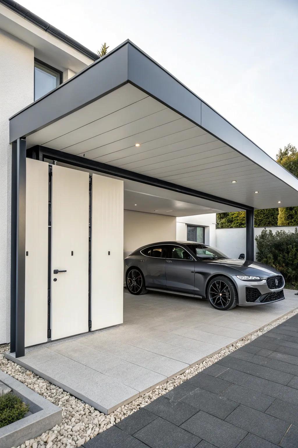 A carport featuring flush mount doors, presenting a modern and seamless look.