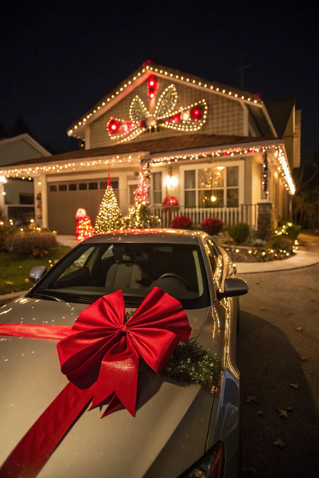 A car topped with a giant bow, ready to be the ultimate Christmas gift.