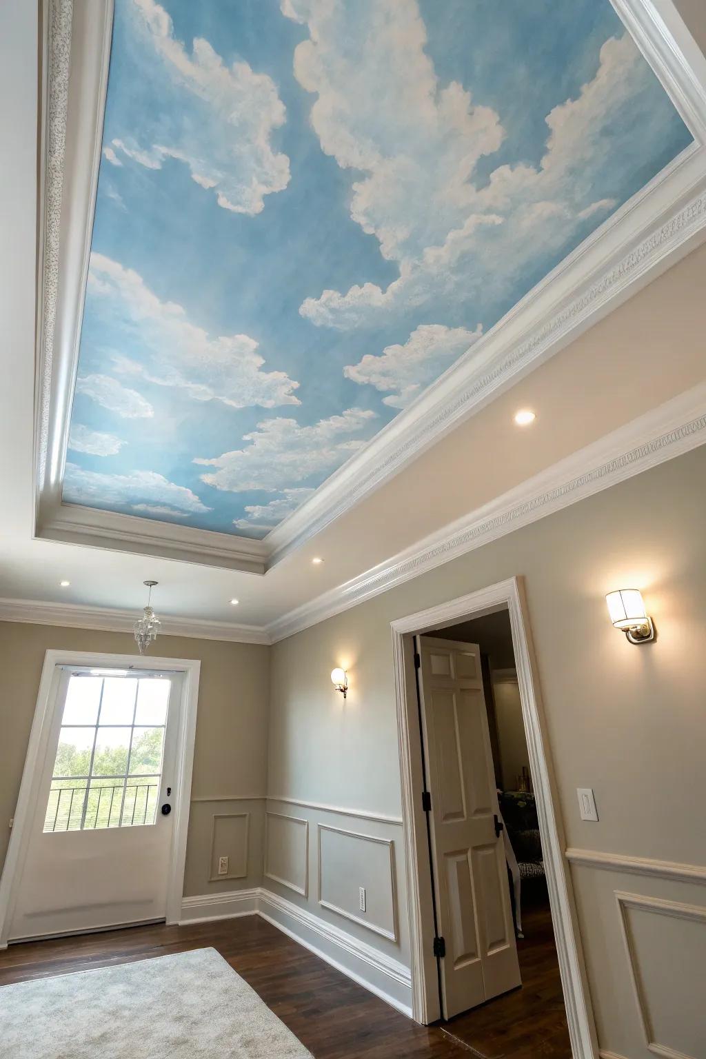 A ceiling adorned with a skyscape scenery, incorporating whimsy and expansiveness.
