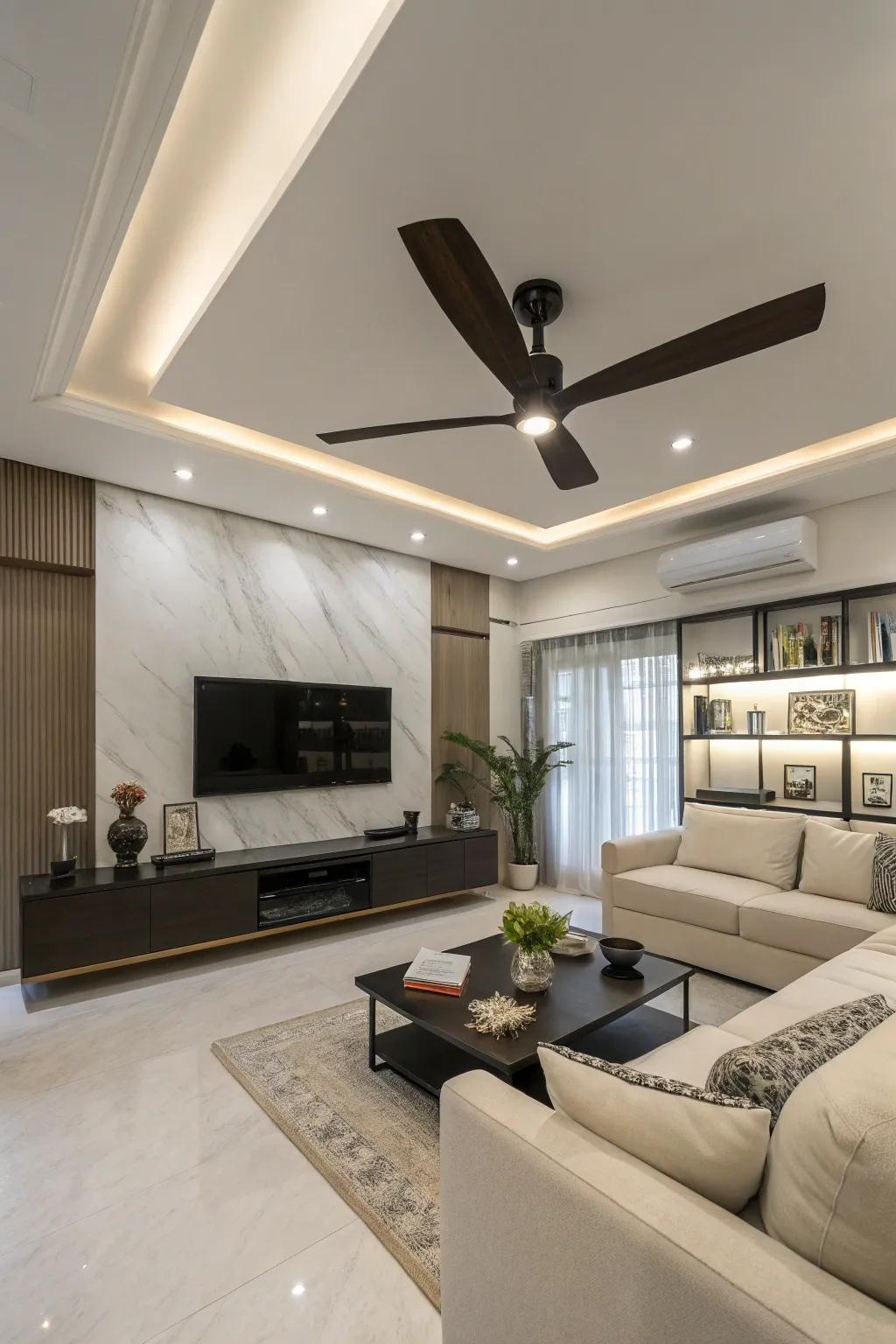 Enjoy a sleek look with a fan featuring hidden blades.