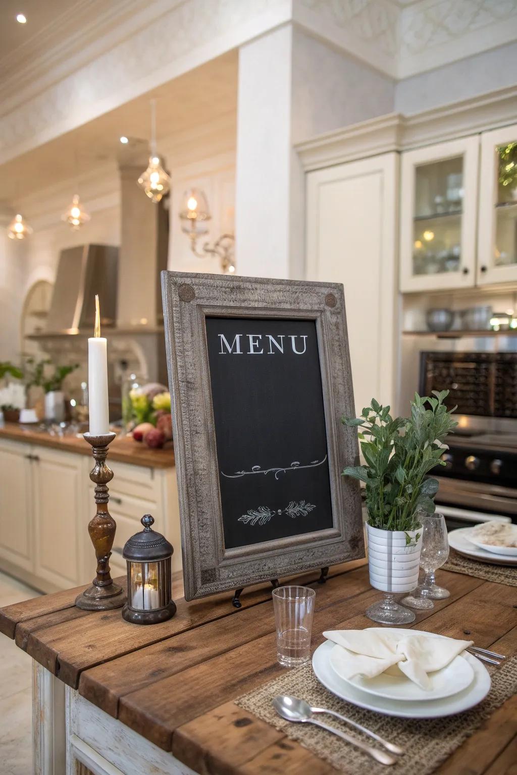 A stylish frame elevates this chalkboard menu, adding elegance to the kitchen.