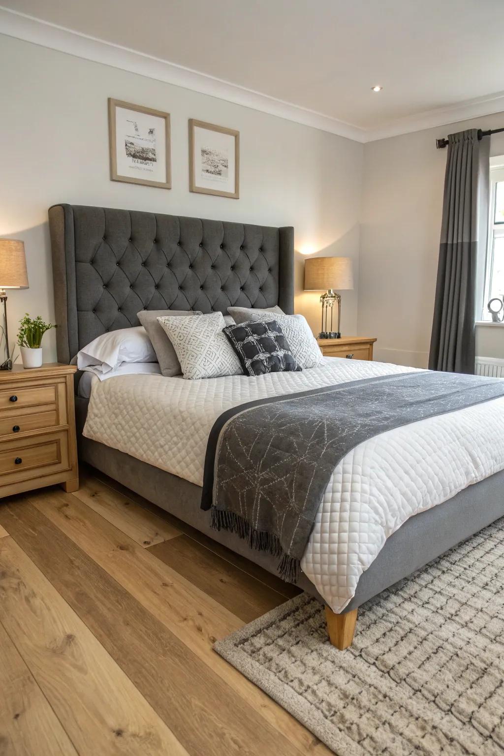 Light flooring contrasts attractively with a dark slate grey headboard.