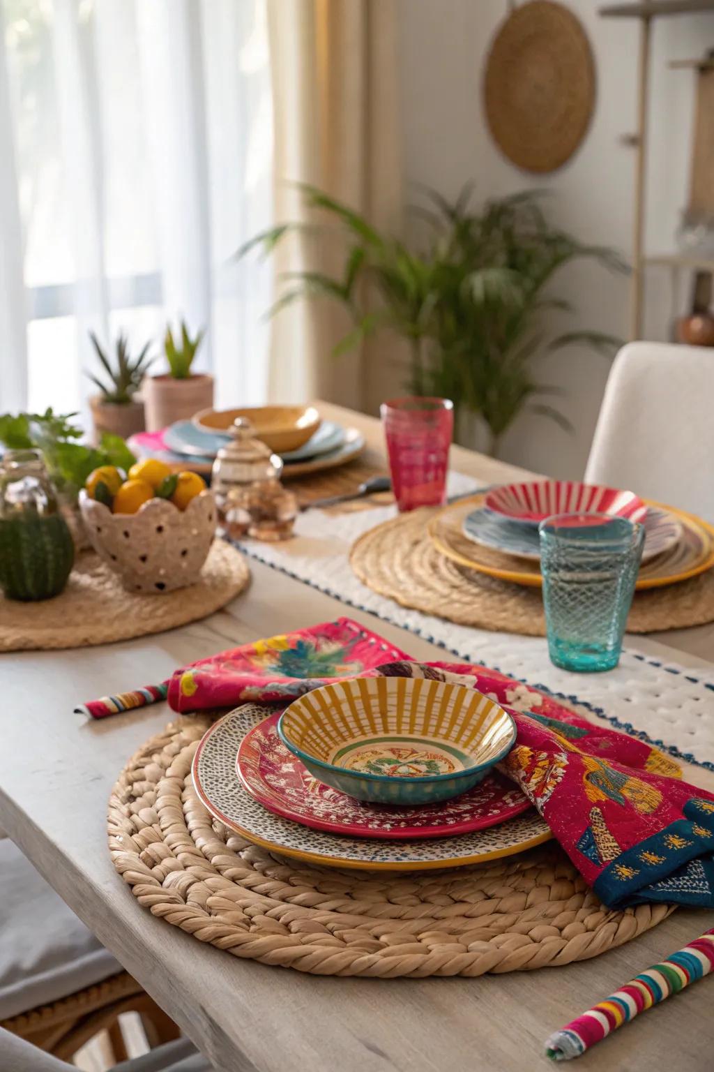 For an artistic dining experience, use boho chic charger plates.