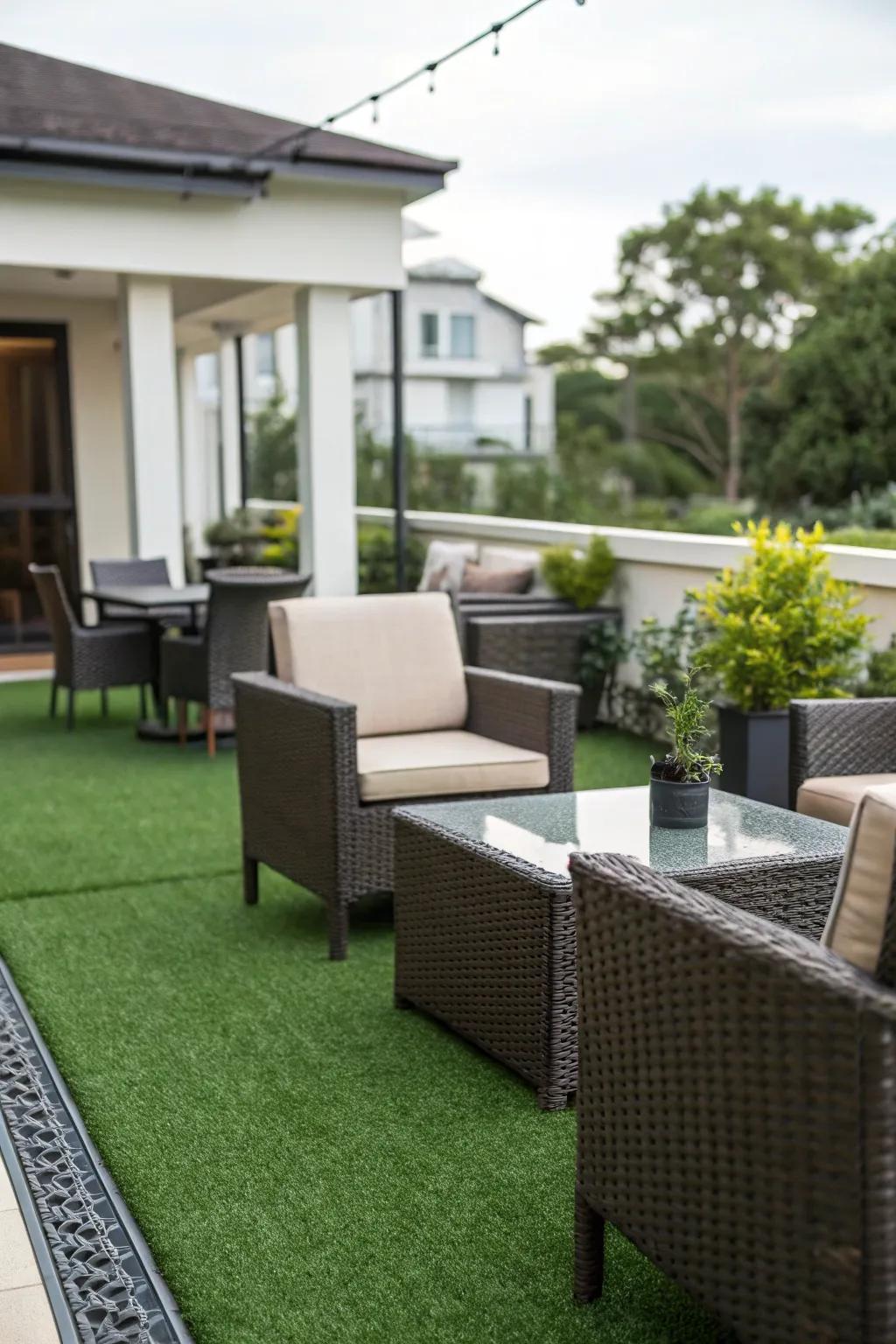 Imitation grass crafting a lavish, low-upkeep patio.