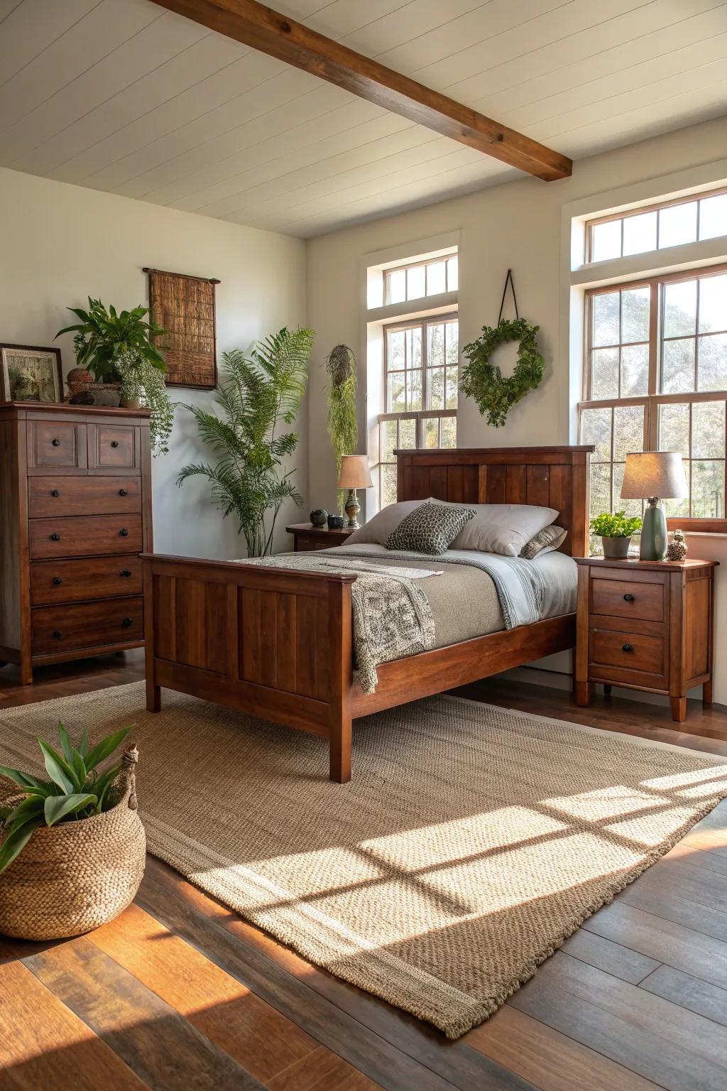 Raw materials infusing warmth into a maple wood bedroom.